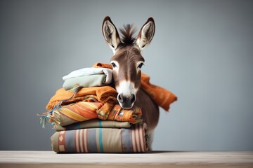 brown donkey with a stack of wool blankets