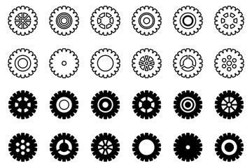 Gears icon set. Setting gears icon. Collection of mechanical cogwheels. White background. Vector illustration with black sprocket sign icons design element. - obrazy, fototapety, plakaty