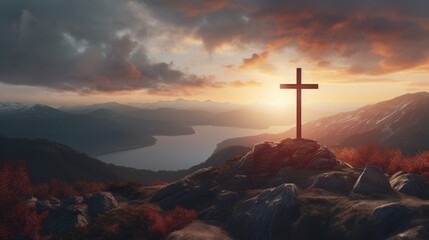 Cross on top of a mountain at sunset, Generative AI - obrazy, fototapety, plakaty