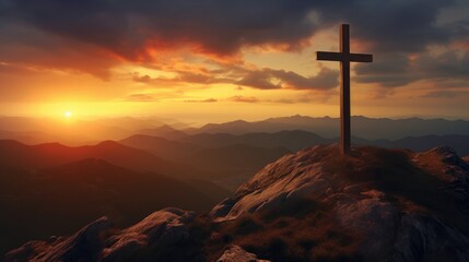 Cross on top of a mountain at sunset, Generative AI