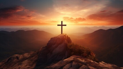 Wooden cross on top of a mountain at sunset, Generative AI - obrazy, fototapety, plakaty