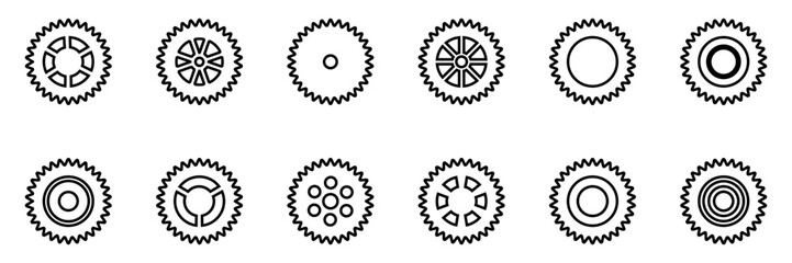 Gears icon set. Setting gears icon. Collection of mechanical outline cogwheels. Simple Gear wheel collection. Gear icons silhouette. Vector illustration with cogwheels sign set on white background.