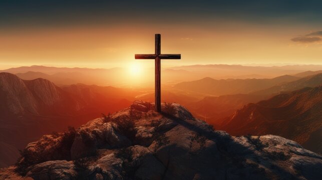 Cross on top of a mountain at sunset, Generative AI