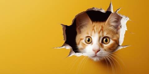 Kitten looking through a hole in the yellow wall, broken wall and cat, generative AI