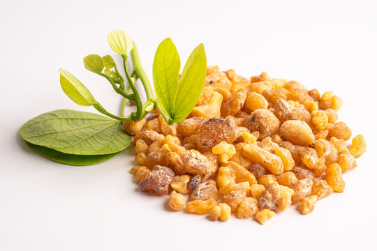 Frankincense or olibanum aromatic resin isolated on white background used in incense and perfumes.