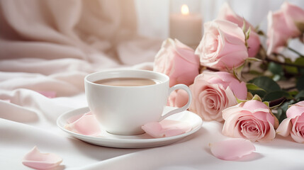 Cup of coffee and pink roses on a white tablecloth. - obrazy, fototapety, plakaty