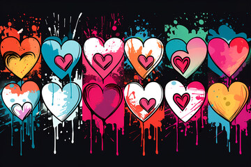 Style of street art with hearts with drips of paint on a dark background.