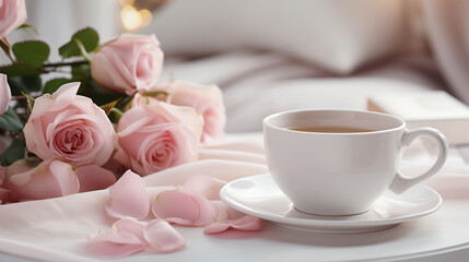 Fototapeta na wymiar Cup of coffee and pink roses on a white tablecloth.