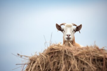 goat with horns perched high on a haystack - obrazy, fototapety, plakaty