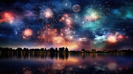 Fireworks over city landscape, background, photorealistic, New Year's eve concept