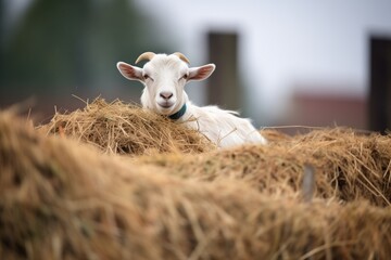 goat reclining comfortably on a haystack