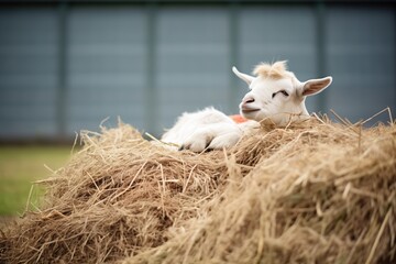 goat reclining comfortably on a haystack