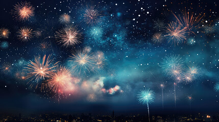 Fototapeta premium Fireworks over city landscape, background, photorealistic, New Year's eve concept