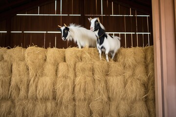 white and black goats climbing hay in barn - obrazy, fototapety, plakaty