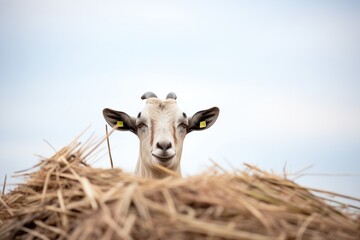 goat with long horns perched on hay pyramid - Powered by Adobe