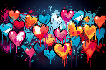 Style of street art with hearts with drips of paint on a dark background. - obrazy, fototapety, plakaty