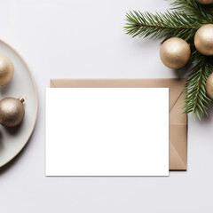 Sophisticated 5x7 Card Mockup with Pine Branch and Golden Baubles Transparent PNG Mockup