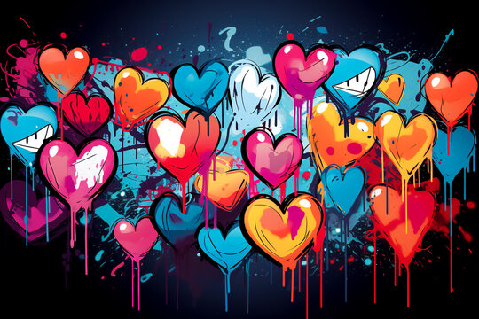 Naklejki Style of street art with hearts with drips of paint on a dark background.