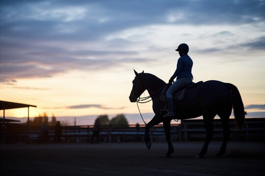 silhouette of horse training at dusk