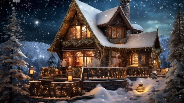 view of the house during snowfall with night light decoration. seamless looping 4k  time-lapse virtual video animation background. Generated AI
