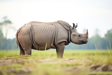 Naklejka premium side shot of javan rhino roaming in field