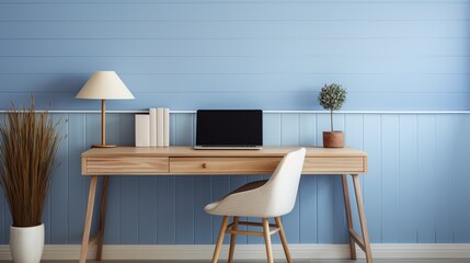 Cozy wooden desk chair against wall laptop template
