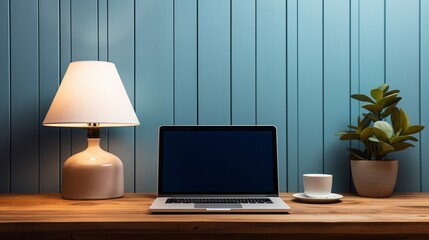 Blue scandinavian home office desk laptop template