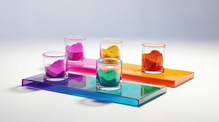 Coloured Pigments in Glass Containers. Colourful Holi Celebration Concept with Copy-space.