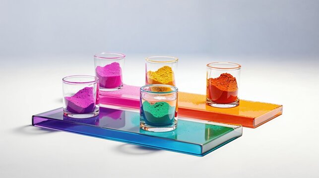 Coloured Pigments in Glass Containers. Colourful Holi Celebration Concept with Copy-space.
