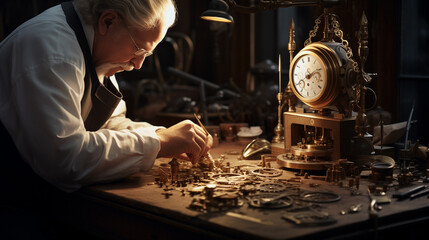 an aged person engaged in the delicate task of assembling or repairing intricate mechanical objects, likely clocks. The focus is on their hands working with various components.