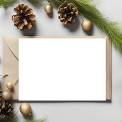 Festive Holiday 5x7 Card Mockup with Pine Cones and Golden Ornaments Transparent PNG Mockup
