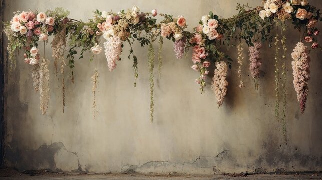 Vintage Flower Garland and Concrete Wall with Copy-space. Romantic Antique Background.