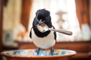 magpie holding a spoon in its beak - obrazy, fototapety, plakaty