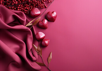 Hearts and berries on pink silk background. Valentine's day. AI generated