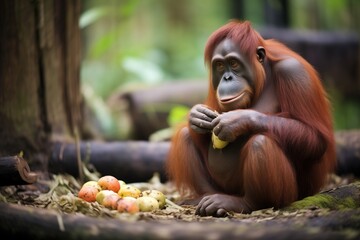 orangutan sitting on rainforest floor eating fruit