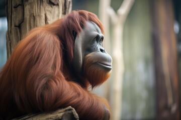 orangutan in profile resting on a tree trunk - obrazy, fototapety, plakaty