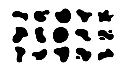 Abstract organic black fluid blobs and liquid shadows random shapes. Liquid shapes, round abstract elements. Simple blotch water forms. Vector illustration on white bg. - obrazy, fototapety, plakaty