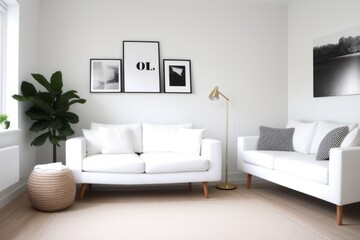 Modern living room with sofa, 3D render