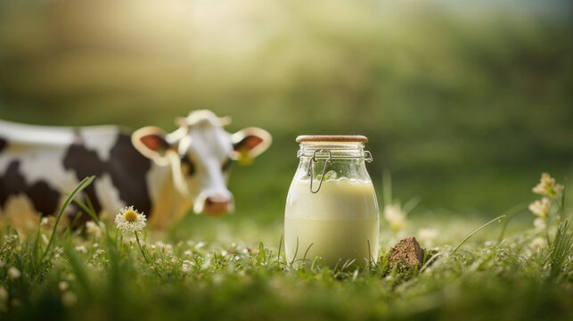 Dairy Farming Concept with Milk and Cattle. Springtime Health Concept Image.