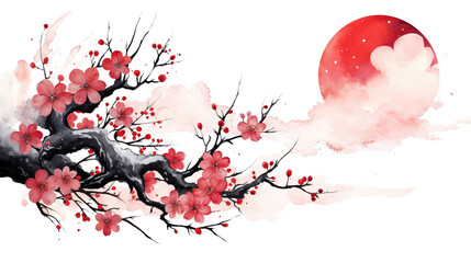Red Japanese Blossom Illustration.
