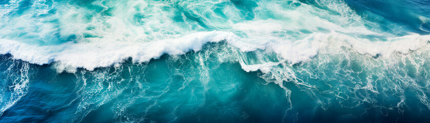 An aerial view of seascape. Top down.Ocean wave on coastline. Panoramic turquoise wallpaper.  Generative ai