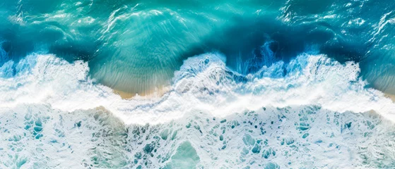Tuinposter An aerial view of seascape. Top down.Ocean wave on coastline. Panoramic nature wallpaper.  Generative ai © Inai