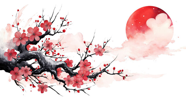 Fototapeta Red Japanese Blossom Illustration.