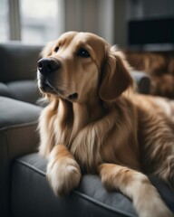 portrait of a golden retriever sitting on a cosy and comfortable grey sofa
