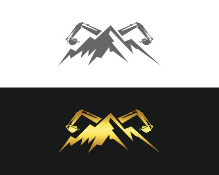Excavator mountain mining work logo design icon vector template illustration.