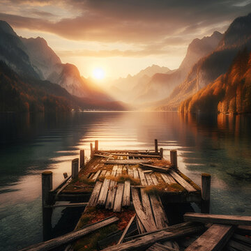 Old Broken Down Empty Wooden Dock Path Jetty on a Calm Tranquil Serene Lake with Mountains to the Side and a Sunset Sunrise towards the Center at Fall Time Landscape Autumn Morning Nature Beauty Photo