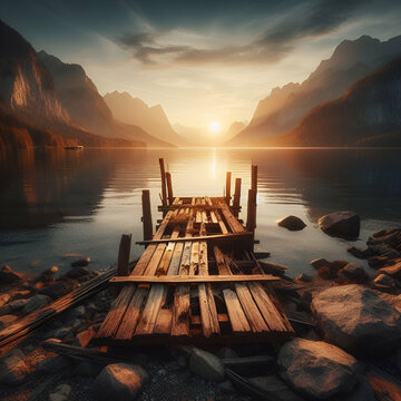Old Broken Down Empty Wooden Dock Path Jetty on a Calm Tranquil Serene Lake with Mountains to the Side and a Sunset Sunrise towards the Center at Fall Time Landscape Autumn Morning Nature Beauty Photo