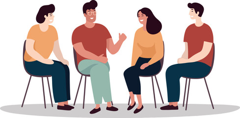 Group of people having a nice discussion at a work meeting, vector illustration in modern flat cartoon style. - 693097312