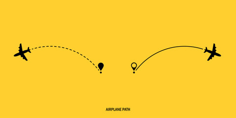 Two airplane route plane path. Travel concept. Aircraft tracking. Vector illustration on a isolated yellow background. - obrazy, fototapety, plakaty