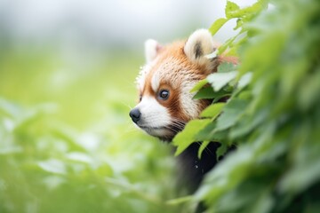 red panda peering from behind foliage